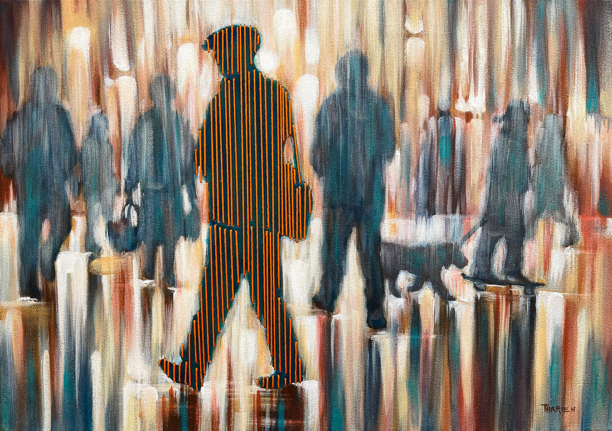 A mixed media painting of figures walking in the rain, the main figure filled in with orange thread stitched